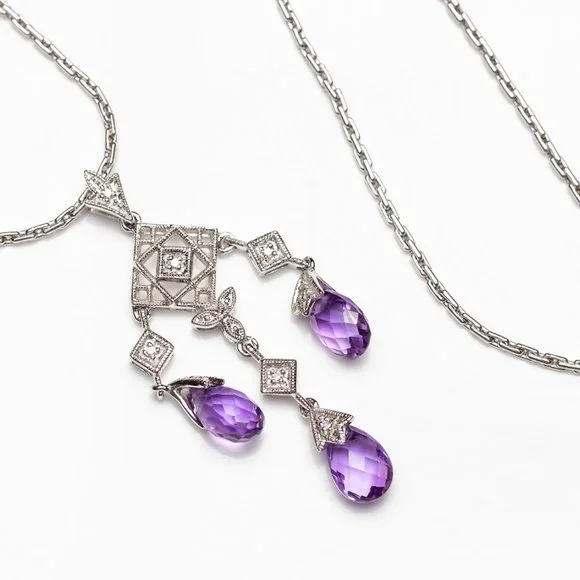 14K White Gold Amethyst Chandelier Necklace With Diamond Accents